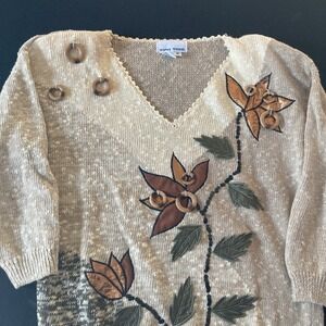 Vintage Toni Todd 3D Floral Appliqué Sweater Medium Ramie Cotton‎ Wood Ring Art